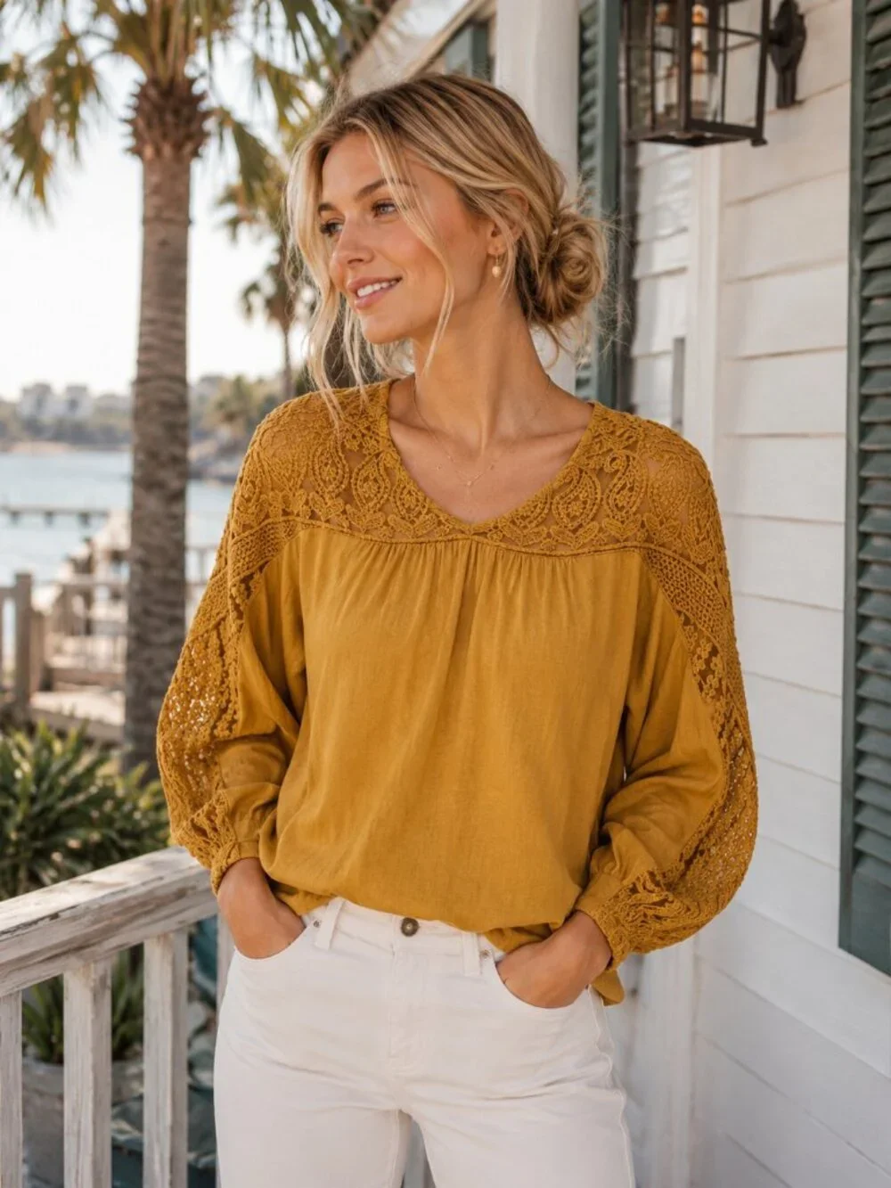 Garnet Hill Muse lacework knit top mustard yellow batwing sleeve